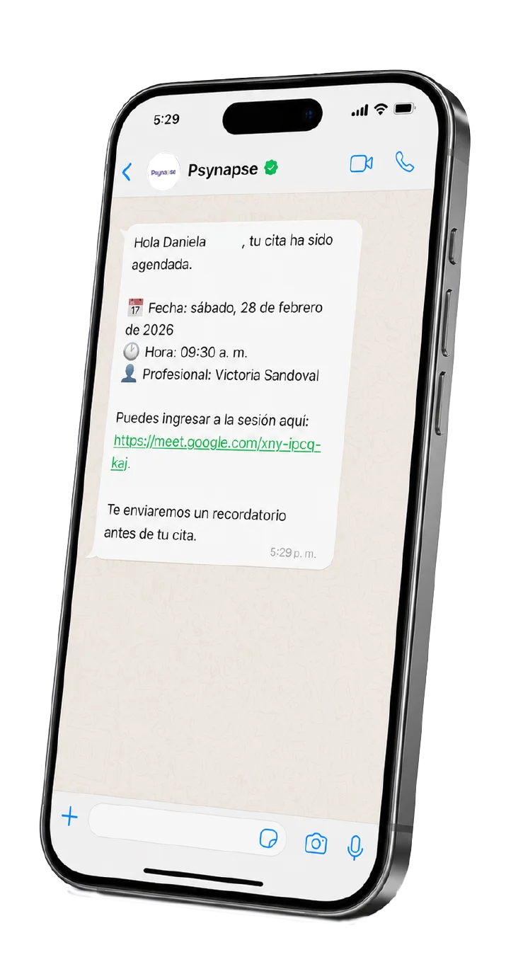 Recordatorio de cita por WhatsApp enviado con Psynapse